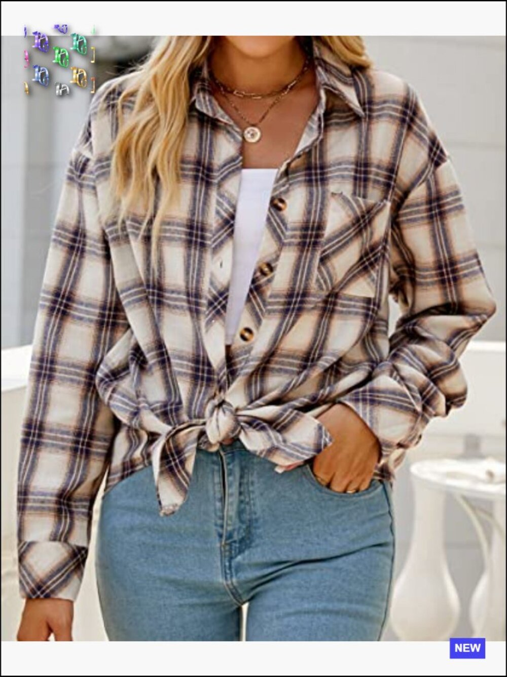 Oversized Button Down Flannel Shirt Business Casual Top with Pockets - Picture 4 of 7